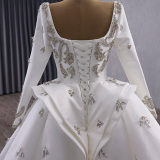 Couture Beaded Long Sleeves Satin Wedding Dress with Square Neckline & Overskirt