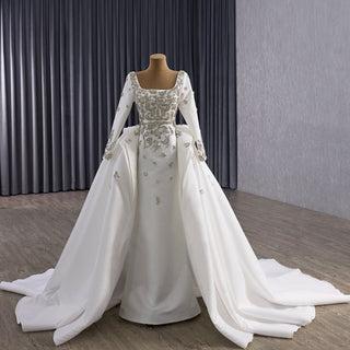 Couture Beaded Long Sleeves Satin Wedding Dress with Square Neckline & Overskirt