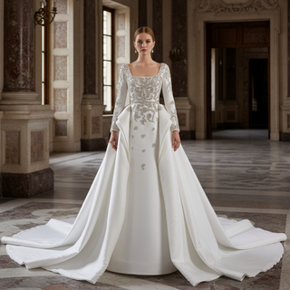 Couture Beaded Long Sleeves Satin Wedding Dress with Square Neckline & Overskirt