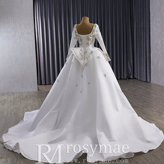 Couture Beaded Long Sleeves Satin Wedding Dress with Square Neckline & Overskirt