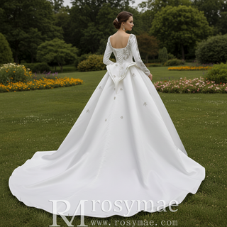 Couture Beaded Long Sleeves Satin Wedding Dress with Square Neckline & Overskirt