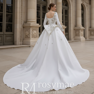 Couture Beaded Long Sleeves Satin Wedding Dress with Square Neckline & Overskirt