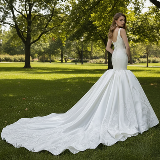 Vintage Trumpet Wedding Dress V Neck Low Back Wedding Gown