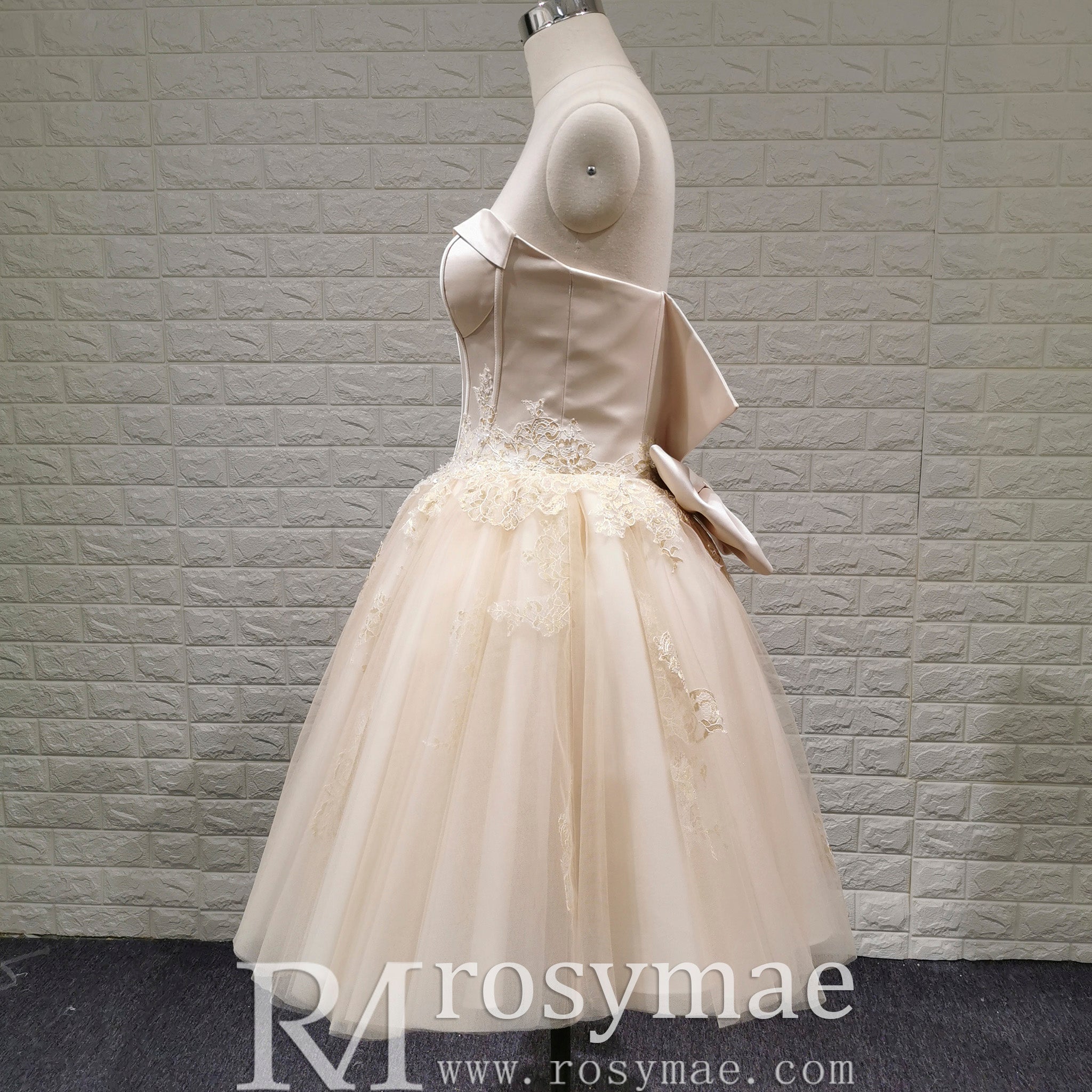 Sweetheart Midi Knee Length Ball Gown Wedding Dress with Bowknot Rosymae Sweetheart Midi Knee Length Ball Gown Wedding Dress with Bowknot Rosymae