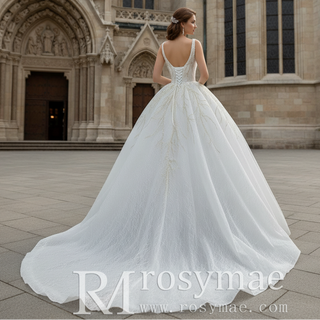 Sparkly Lace Wedding Dress V-neck Beaded Ball Gown with Low Back