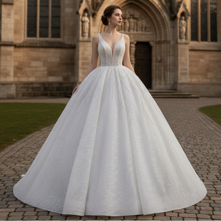 Sparkly Lace Wedding Dress V-neck Beaded Ball Gown with Low Back