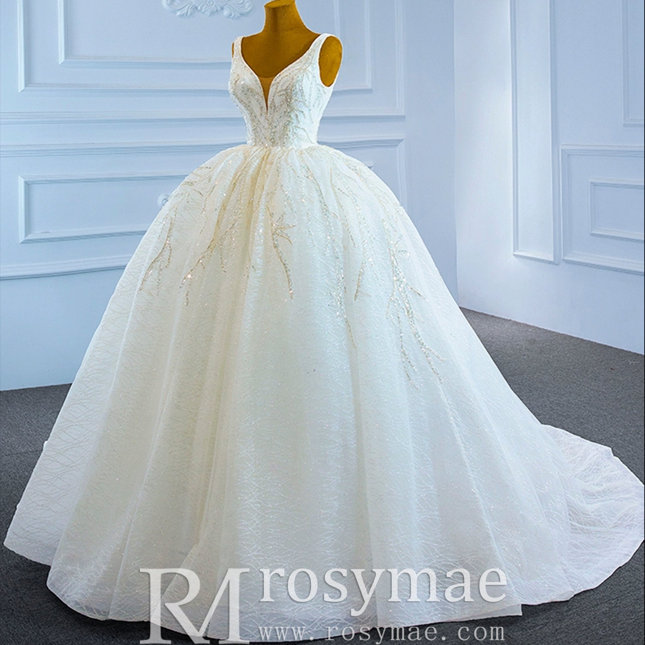 Sparkly Lace Wedding Dress V-neck Beaded Ball Gown with Low Back White / 2 Sparkly Lace Wedding Dress V-neck Beaded Ball Gown with Low Back White / 2