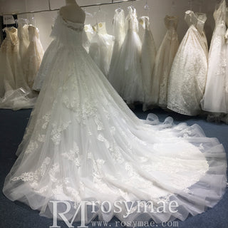 Off the Shoulder Floral Lace Ball Gown Wedding Dress with Flutter Sleeve