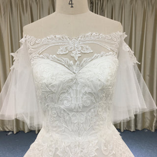 Off the Shoulder Floral Lace Ball Gown Wedding Dress with Flutter Sleeve