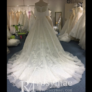 Off the Shoulder Floral Lace Ball Gown Wedding Dress with Flutter Sleeve
