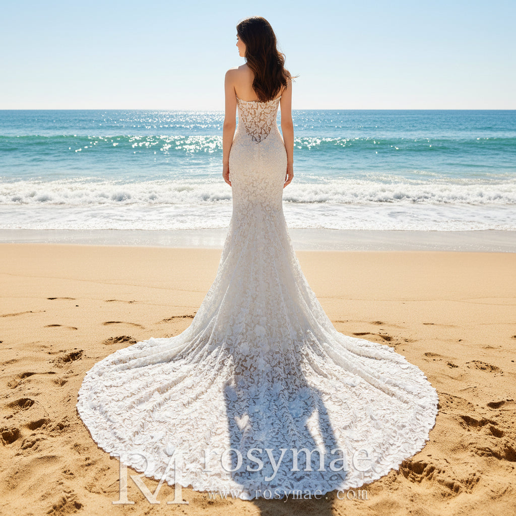Fitted Floral Lace Trumpet Mermaid Wedding Dress with Sheer Neckline Ivory / 16 Fitted Floral Lace Trumpet Mermaid Wedding Dress with Sheer Neckline Ivory / 16