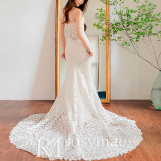 Fitted Floral Lace Trumpet Mermaid Wedding Dress with Sheer Neckline