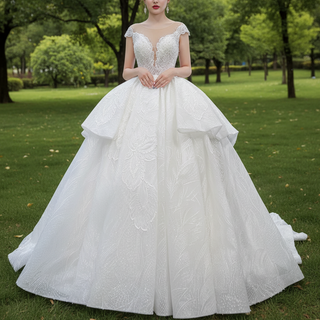 Modest Lace Ruffle Ball Gown Wedding Dress with Cap Sleeve
