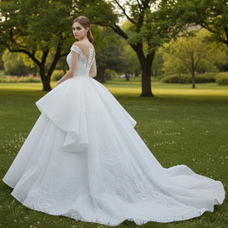 Modest Lace Ruffle Ball Gown Wedding Dress with Cap Sleeve