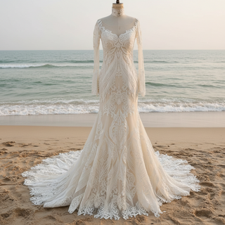 Elegant Light Champagne Lace Mermaid Wedding Dresses with Long Sleeves