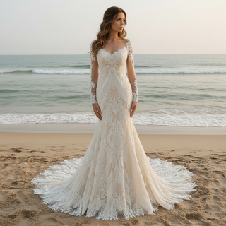 Elegant Light Champagne Lace Mermaid Wedding Dresses with Long Sleeves