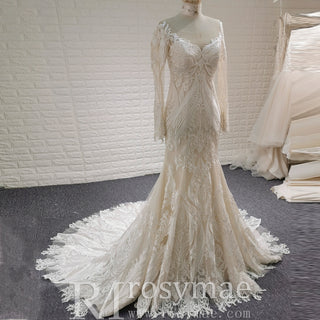 Robe de mariée sirène élégante en dentelle champagne clair à manches longues