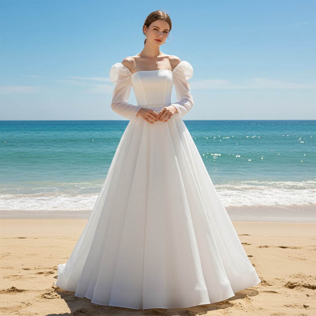 Off-The-Shoulder Long Lantern Sleeve Tulle Wedding Dress White / 16W Off-The-Shoulder Long Lantern Sleeve Tulle Wedding Dress White / 16W