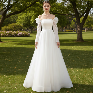 Off-The-Shoulder Long Lantern Sleeve Tulle Wedding Dress