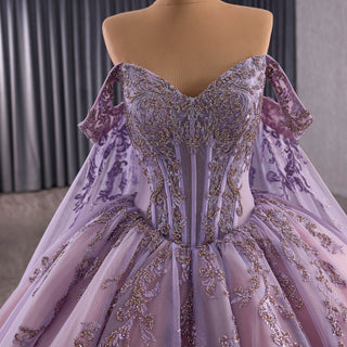 Lavender Floral Lace Quinceañera Dress with Corset Bodice & Lace Appliqués