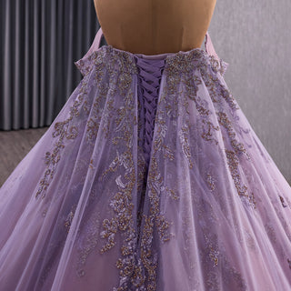Lavender Floral Lace Quinceañera Dress with Corset Bodice & Lace Appliqués