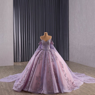 Lavender Floral Lace Quinceañera Dress with Corset Bodice & Lace Appliqués