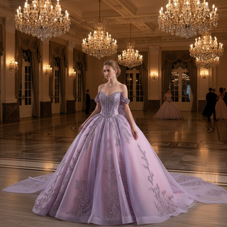 Lavender Floral Lace Quinceañera Dress with Corset Bodice & Lace Appliqués