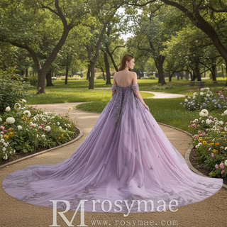 Lavender Floral Lace Quinceañera Dress with Corset Bodice & Lace Appliqués
