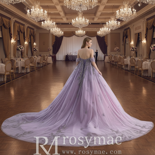 Lavender Floral Lace Quinceañera Dress with Corset Bodice & Lace Appliqués
