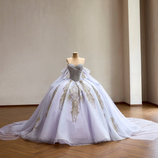 Lavender Off Shoulder Beaded Ball Gown Quinceanera Dress with Draped Tulle Cascade