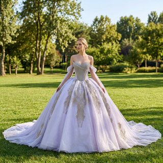 Lavender Off Shoulder Beaded Ball Gown Quinceanera Dress with Draped Tulle Cascade