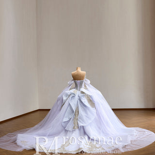 Lavender Off Shoulder Beaded Ball Gown Quinceanera Dress with Draped Tulle Cascade