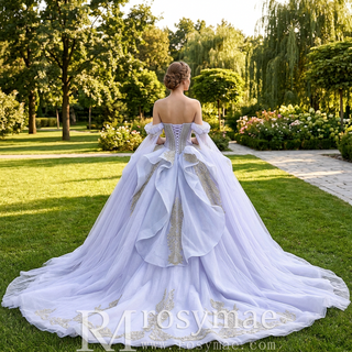 Lavender Off Shoulder Beaded Ball Gown Quinceanera Dress with Draped Tulle Cascade