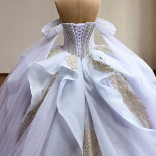 Lavender Off Shoulder Beaded Ball Gown Quinceanera Dress with Draped Tulle Cascade
