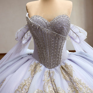Lavender Off Shoulder Beaded Ball Gown Quinceanera Dress with Draped Tulle Cascade