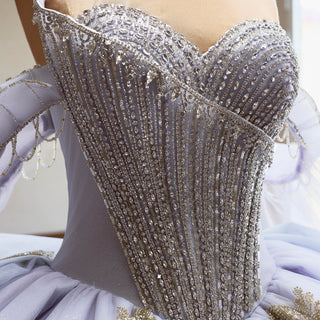 Lavender Off Shoulder Beaded Ball Gown Quinceanera Dress with Draped Tulle Cascade