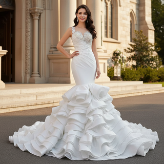 Gorgeous Cascading Ruffles Trumpet Wedding Dress with Sheer Neck