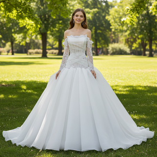 Elegant Off-the-Shoulder Organza Wedding Dress with Ruffle Skirt