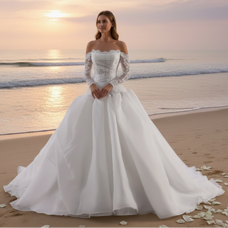 Elegant Off-the-Shoulder Organza Wedding Dress with Ruffle Skirt