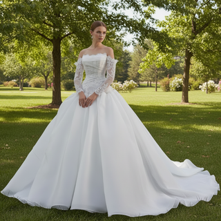 Elegant Off-the-Shoulder Organza Wedding Dress with Ruffle Skirt