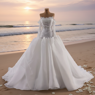 Elegant Off-the-Shoulder Organza Wedding Dress with Ruffle Skirt