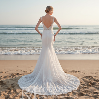High Side Slit Mermaid Wedding Dresses with Deep V-Neck
