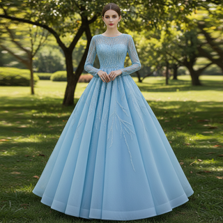 Beaded Baby Blue A-line Prom Dress Formal Gown with Long Sleeves
