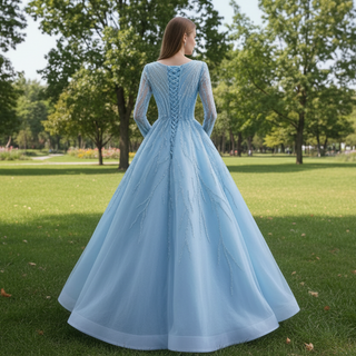 Beaded Baby Blue A-line Prom Dress Formal Gown with Long Sleeves