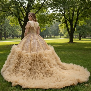 Luxury Off Shoulder Puffy Ball Gown Quinceanera Dress with Beaded Pearls