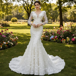 Elegant 3D Floral Lace Mermaid Wedding Dress Long Sleeve Bridal Gown