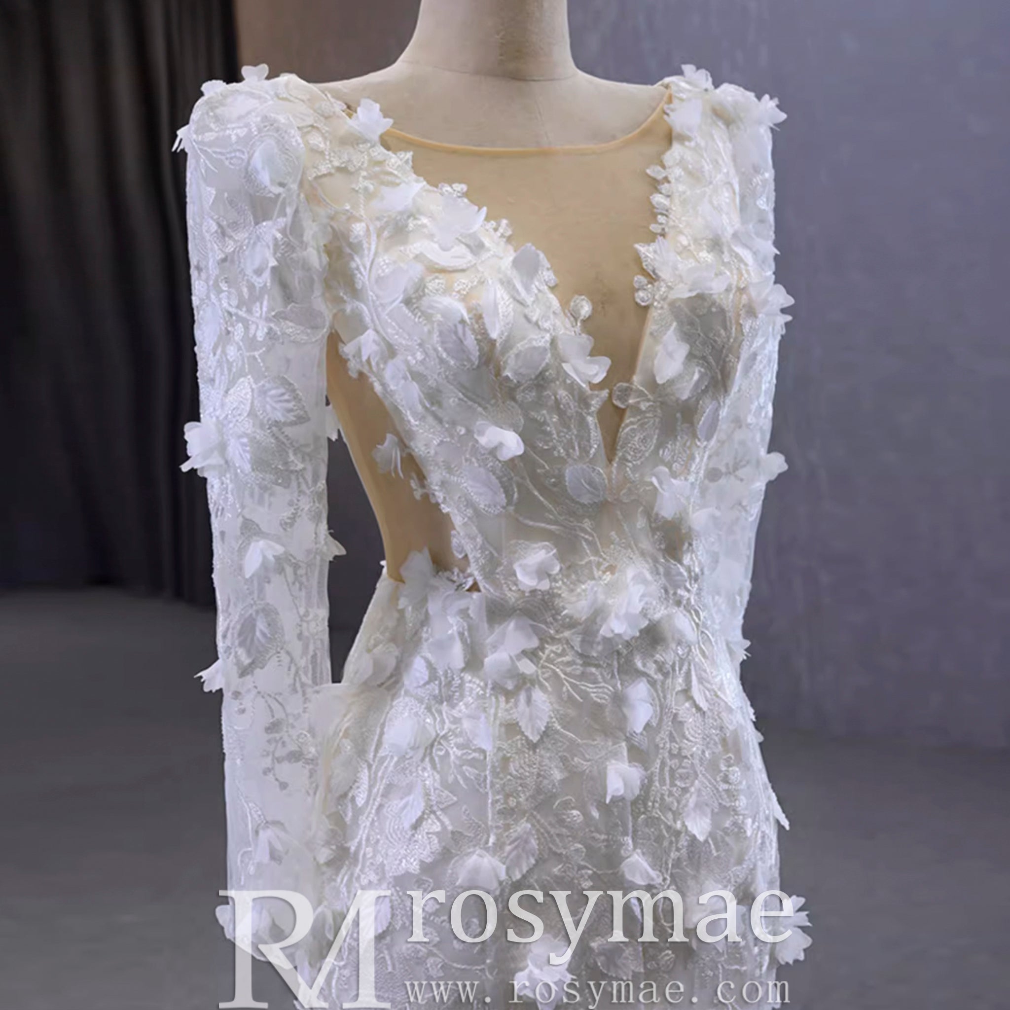 Elegant 3D Floral Lace Mermaid Wedding Dress Long Sleeve Bridal Gown Light Champagne / 28W Elegant 3D Floral Lace Mermaid Wedding Dress Long Sleeve Bridal Gown Light Champagne / 28W