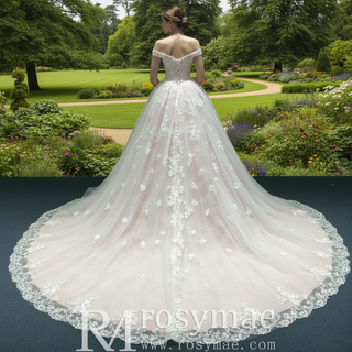 High-end Light Pink Ball Gown Pink Wedding Dress with Off the Shoulder
