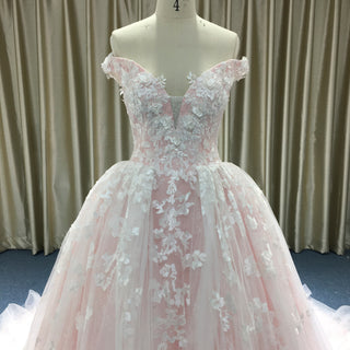 High-end Light Pink Ball Gown Pink Wedding Dress with Off the Shoulder