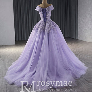 Sparkly Beaded Sequin Wedding Dress Off the Shoulder Formal Gown Lavender / 0 Sparkly Beaded Sequin Wedding Dress Off the Shoulder Formal Gown Lavender / 0